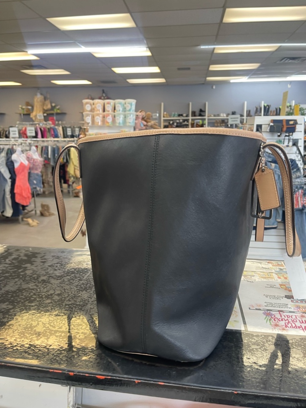 Coach Black Tote with Tan Trim and Straps - Picture 4 of 7